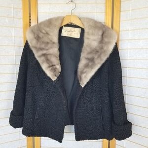 Vintage Short Fur Coat Silver Mink Collar Black Curly Wool Pockets Lined M/L